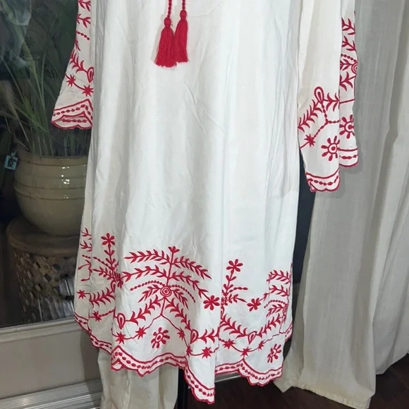 CC Chic Connection white tunic long shirt red embroidery tassel tie dress Small​ - Picture 2 of 16